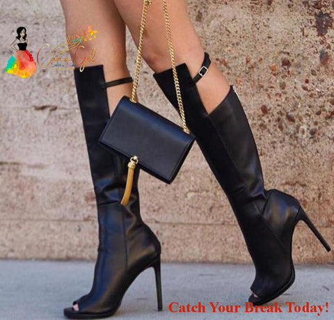 Catch a Break Black Leather Peep Toe Slay Knight Style Boots