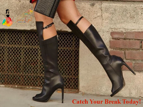 Catch a Break Black Leather Peep Toe Slay Knight Style Boots