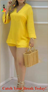 Catch A Break Bell Sleeve Shorts Set - Yellow / M - Clothing