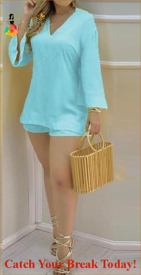 Catch A Break Bell Sleeve Shorts Set - Sky Blue / XL - 