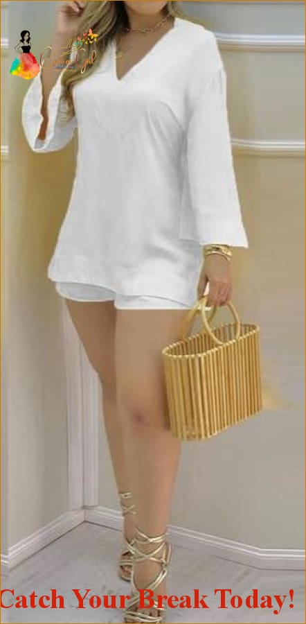 Catch A Break Bell Sleeve Shorts Set - White / XL - Clothing