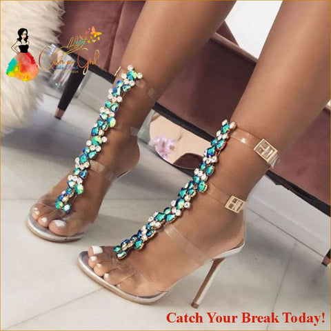 Catch A Break Buckle Strap Luxurious Blue Crystal Sandals - 