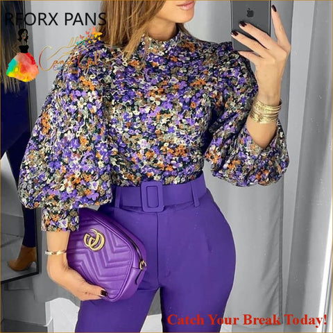 Catch A Break Floral Print Lantern Sleeve Blouse - Clothing