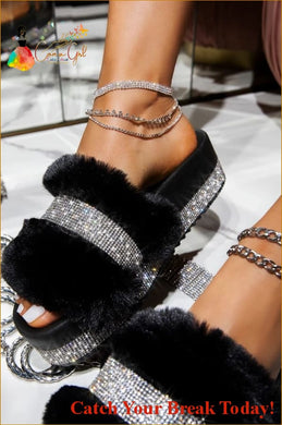 Catch A Break Fur Rhinestone Slippers - Shoes