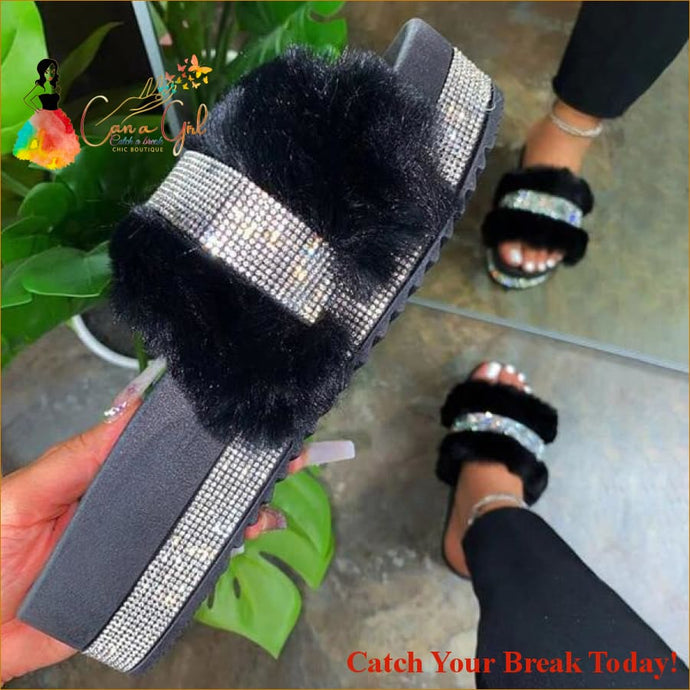 Catch A Break Fur Rhinestone Slippers - Black / 10 - Shoes