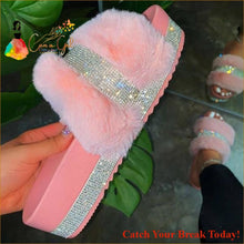 Load image into Gallery viewer, Catch A Break Fur Rhinestone Slippers - Pink / 10.5 - Shoes