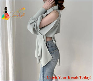 Catch A Break Hollow Out Turn Down Collar Blouse - Clothing