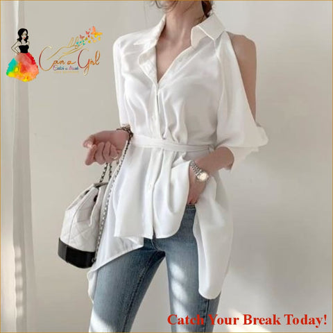 Catch A Break Hollow Out Turn Down Collar Blouse - Clothing