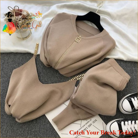 Catch A Break Knitted 3Pcs Tracksuit - Khaki / One Size - 