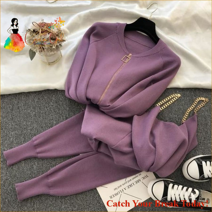 Catch A Break Knitted 3Pcs Tracksuit - Purple / One Size - 