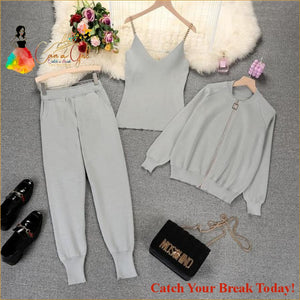 Catch A Break Knitted 3Pcs Tracksuit - Gray / One Size - 