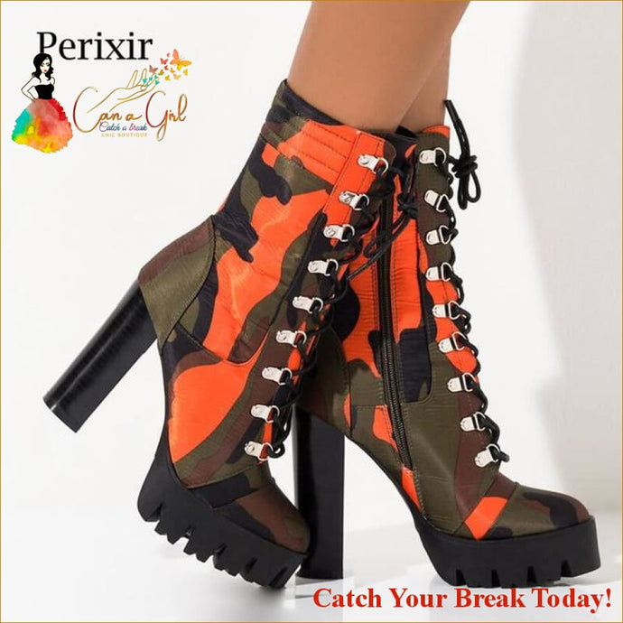 Catch A Break Lace Up Chunky Heel Camouflage Print - 