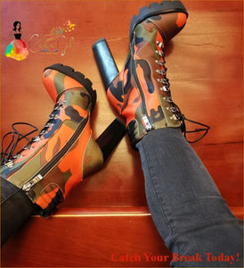 Catch A Break Lace Up Chunky Heel Camouflage Print - boots