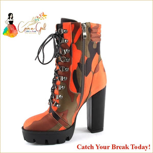 Catch A Break Lace Up Chunky Heel Camouflage Print - boots