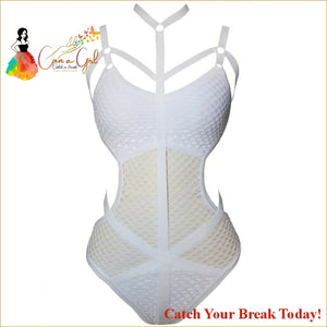 Catch A Break Sheer Knit Fish Net Bathing Suit - White / XS 