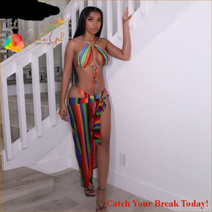 Catch A Break Stripe Up Three Pieces Bikini Set - Swim Wear
