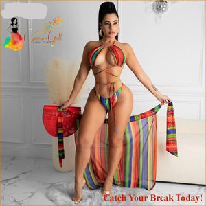 Catch A Break Stripe Up Three Pieces Bikini Set - Swim Wear